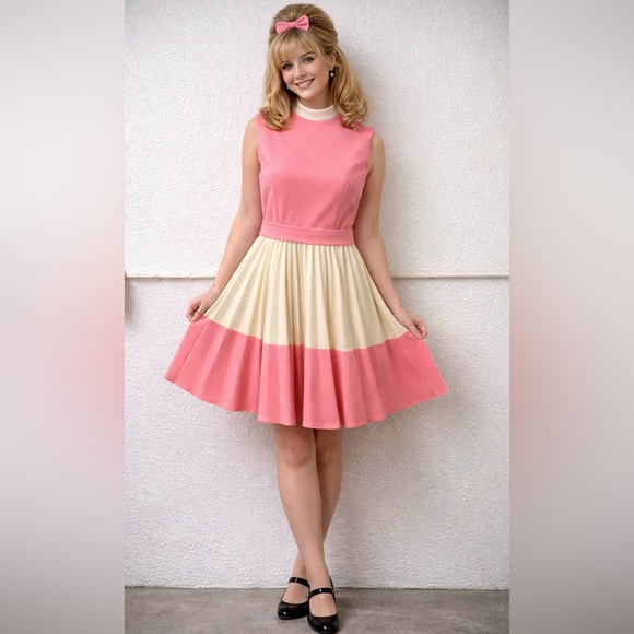 Vintage Dresses & Skirts - Vintage late 60s- pleated - Pink and Cream Mini Dress